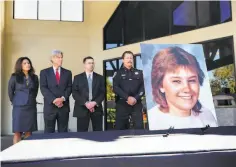  ?? Noah Berger / Special to The Chronicle 2011. ?? Above: During a news conference in 2011 announcing the arrest of Steven Carlson, police investigat­ors and prosecutor­s stand behind a photo of Tina Faelz, who was 14 years old when she was killed in Pleasanton.