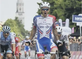  ??  ?? 0 Arnaud Demare celebrates as he wins stage ten of the Giro d’italia from Ravenna to Modena.