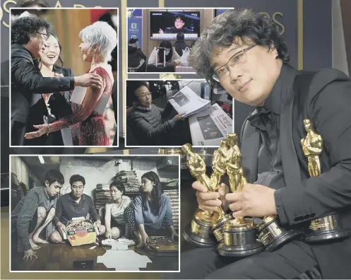  ??  ?? 0 Director Bong Joon-ho with his haul of Oscar statues which he won for his film Parasite. People in South Korea wake up to the news