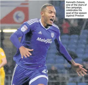  ??  ?? Kenneth Zohore, one of the stars of the campaign, celebrates his goal of the season against Preston