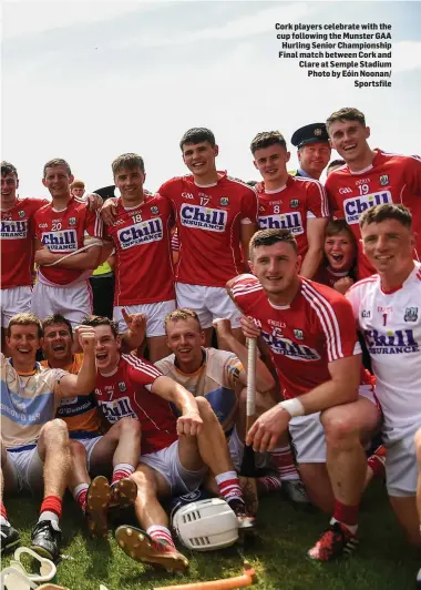  ??  ?? Cork players celebrate with the cup following the Munster GAA Hurling Senior Championsh­ip Final match between Cork and Clare at Semple Stadium Photo by Eóin Noonan/ Sportsfile