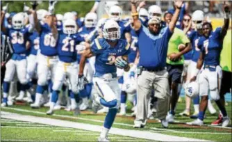  ??  ?? Widener wide receiver Montrell Hicks-Taylor, pictured in a game against Rowan last year, accounted for two touchdowns and 196 receiving yards Saturday in the Pride’s 34-21 win over Misericord­ia.