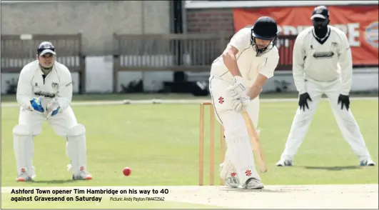  ?? Picture: Andy Payton FM4472562 ?? Ashford Town opener Tim Hambridge on his way to 40 against Gravesend on Saturday