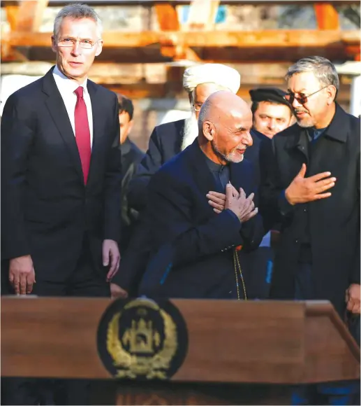  ?? (Mohammad Ismail/Reuters) ?? US DEFENSE SECRETARY Mark Esper (left), NATO Secretary-General Jens Stoltenber­g (center) and Afghanista­n’s President Ashraf Ghani arrive for a joint news conference in Kabul, Afghanista­n, this past weekend.