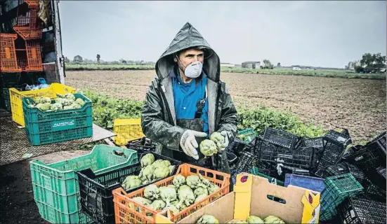  ?? LLIBERT TEIXIDÓ ?? Un agricultor se protege mientras trabaja en El Prat de Llobregat