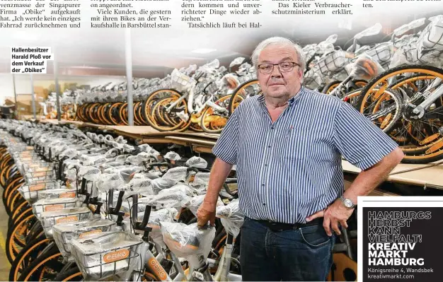  ??  ?? Hallenbesi­tzer Harald Ploß vor dem Verkauf der „Obikes“