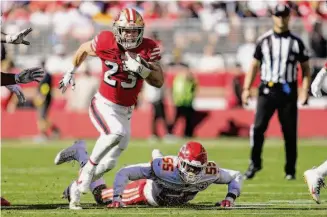  ?? Godofredo A. Vásquez/Associated Press ?? Christian McCaffrey, who played in a limited capacity against the Chiefs on Sunday, had 158 total yards against the Rams at SoFi Stadium on Oct. 16, which was his last game with the Panthers.