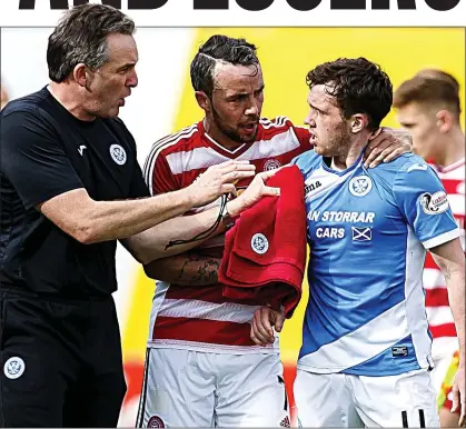  ?? ?? COOL IT: ref Don Robertson and Accies’ Dougie Imrie try to calm down Danny Swanson after his scrap with Richard Foster