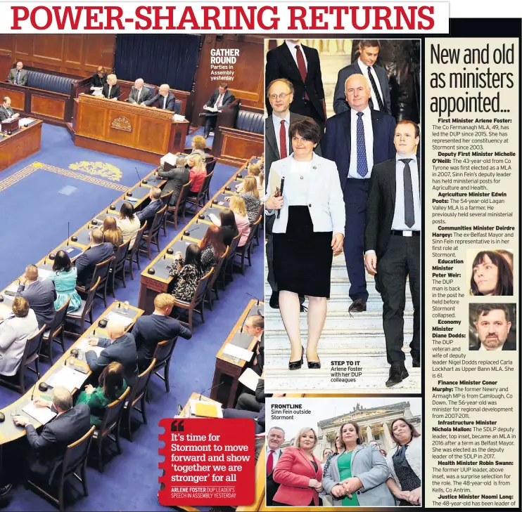  ??  ?? GATHER ROUND Parties in Assembly yesterday
FRONTLINE Sinn Fein outside Stormont
STEP TO IT Arlene Foster with her DUP colleagues