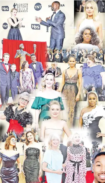  ??  ?? (Top, left to right) Host Kristen Bell (left) and actor Sterling K. Brown pose in the press room during the 24th Annual Screen Actors Guild Awards at The Shrine Auditorium on Jan 21 in Los Angeles, California. • Margot Robbie; Udo Aduba; (2nd row, left...