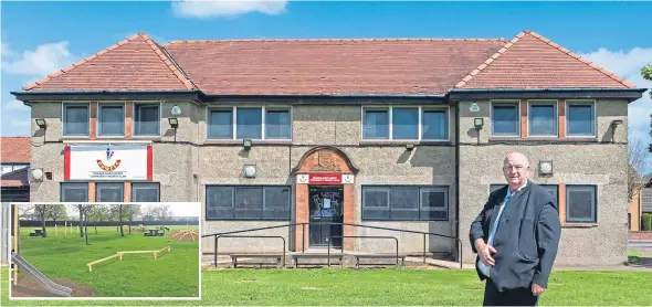  ??  ?? Councillor Kevin Keenan, pictured outside the Downfield Pavilion, has welcomed the upgrade. Inset: an artist’s impression of the new play equipment.