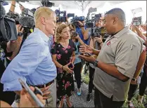  ?? JOE SKIPPER / GETTY IMAGES ?? U.S. Sen. Bill Nelson and U.S. Rep. Debbie Wasserman Schultz, both Florida Democrats, are denied access as they try to visit a temporary shelter for children Tuesday in Homestead.