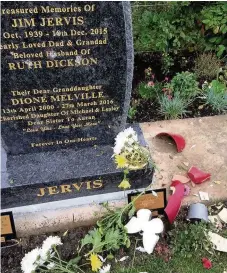  ??  ?? Damage Dione Melville’s headstone has been targeted by thugs who also destroyed ornaments and vases