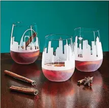  ??  ?? Etched wineglasse­s reflect a skyline of your choice.