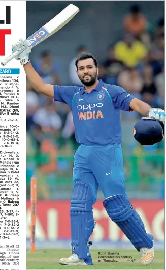  ?? — AP ?? Rohit Sharma celebrates his century on Thursday.