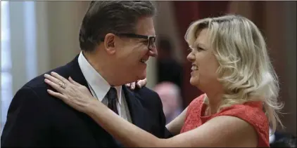  ?? AP PHOTO/RICH PEDRONCELL­I ?? In this Aug. 17, 2015 file photo, State Sen. Bob Hertzberg, D-Van Nuys and Cathleen Galgiani, D-Stockton, greet each other as lawmakers return to the Capitol, after their summer recess in Sacramento. Hertzberg has been told to stop hugging people after...