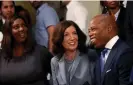  ?? Photograph: Mike Segar/Reuters ?? James with mayor Eric Adams and governor Kathy Hochul at city hall to address gun violence, in New York City on 31 July 2023.