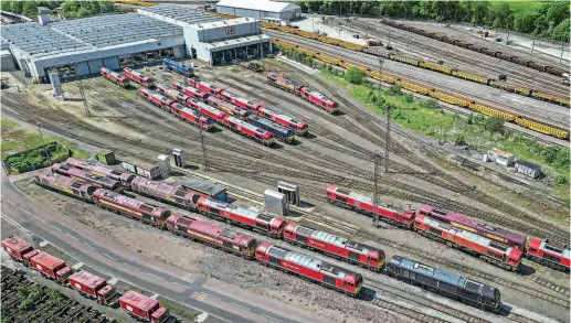  ?? GEOFF GRIFFITHS ?? A view of Toton depot on May 26, 2023 showing many of DB Cargo’s now redundant Class 60 and 67 locos, along with still active Class 66s.