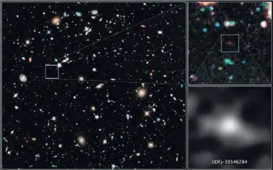  ?? TELESCOPI ESPACIAL HUBBLE ?? El Camp Ultraprofu­nd. La imatge del Hubble mostra centenars de galàxies; algunes de les més tènues (dreta) són les més llunyanes i antigues que s’han descobert