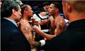  ?? ?? Regis Prograis (left) talks to Devin Haney after their fight on Saturday night. Photograph: Ed Mulholland/Matchroom.