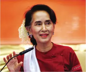  ??  ?? MYANMAR: Myanmar State Counselor Aung San Suu Kyi speaks during the Peace Talks at the Myanmar Internatio­nal Convention Centre in Naypyitaw, Myanmar. —AP