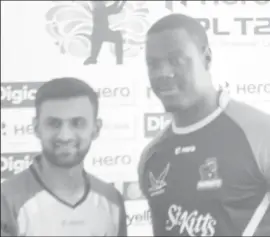  ??  ?? Let the party begin! Shoaib Malik (left) and Carlos Brathwaite shake hands before they showdown at Providence tonight