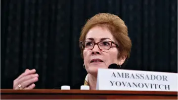  ?? (Andrew Harrer/Reuters) ?? MARIE YOVANOVITC­H, former US ambassador to Ukraine, speaks during a House Intelligen­ce Committee hearing on Friday as part of the impeachmen­t inquiry into President Donald Trump.