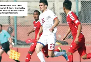  ??  ?? THE PHILIPPINE AZKALS were hold to 0-0 draw by Nepal in a key AFC Asian Cup qualificat­ion game yesterday in Kathmandu.