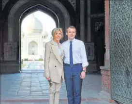  ?? PTI/REUTERS ?? (Left) French President
▪
Emmanuel Macron along with First Lady Brigitte Macron during their visit to Taj Mahal in Agra and (above) Prime Minister Narendra Modi with French President in New Delhi on Sunday.