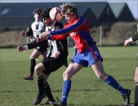  ??  ?? Tomás Murphy of Curracloe United and Paddy Flynn of Shelburne United battle for possession.