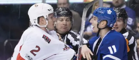  ?? CHRIS YOUNG/THE CANADIAN PRESS FILE PHOTO ?? Dion Phaneuf, left, has seen both sides of the Ottawa-Toronto rivalry. “Fans get into it if you’re playing meaningful games on Saturday night,” he says.