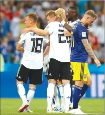  ?? Associated Press photo ?? Germany players celebrate after winning a group F match between Germany and Sweden 2-1 at the 2018 soccer World Cup in the Fisht Stadium in Sochi, Russia, Saturday.