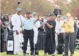  ?? CURTIS COMPTON /ATLANTA JOURNAL-CONSTITUTI­ON VIA AP ?? Lee Elder, left, joined golf legends Gary Player, center, and Jack Nicklaus as an honorary starter at this year’s Masters in April.