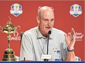  ??  ?? Jim Furyk speaks during a news conference Monday to officially name the eight qualifying members of the U.S. Ryder Cup team. JOHN DAVID MERCER/USA TODAY SPORTS