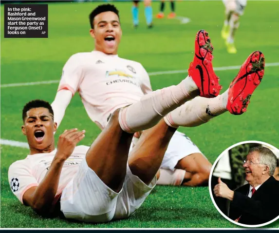  ?? AP ?? In the pink: Rashford and Mason Greenwood start the party as Ferguson (inset) looks on