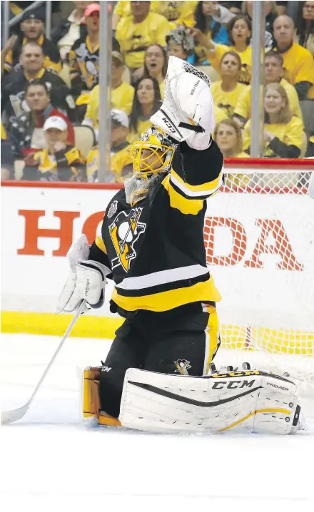  ?? — GETTY IMAGES FILES ?? Marc-Andre Fleury has been a star for the Pittsburgh Penguins in the playoffs, but will likely be moving to another team with Matt Murray entrenched as the club’s goalie of the future.