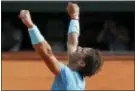  ?? MICHEL EULER — THE ASSOCIATED PRESS ?? Rafael Nadal celebrates winning his semifinal match against Argentina’s Juan Martin del Potro in three sets 6-4, 6-1, 6-2, in Paris on Friday.