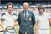  ??  ?? Mercer, above, in the Wimbledon commentary box, and right, with John Mcenroe and Jimmy Connors before the 1984 men’s singles final at which he officiated: he said he always found Connors more difficult to deal with than ‘Superbrat’