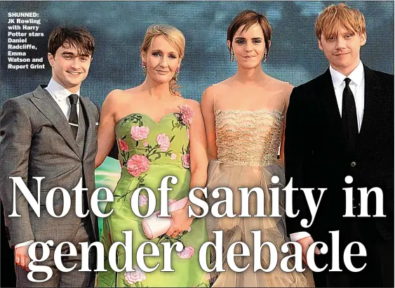  ?? Picture: IAN WEST/PA ?? SHUNNED: JK Rowling with Harry Potter stars Daniel Radcliffe, Emma Watson and Rupert Grint