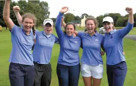  ??  ?? Lahinch team (from left) Niamh O’Dwyer, Sinead Sexton, Aideen Walsh, Aine Donegan and Sarah Cunningham celebrate at Knock. Picture: Pat Cashman