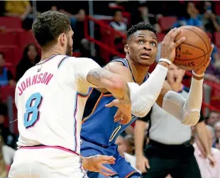  ?? PHOTO: AP ?? Oklahoma City Thunder guard Russell Westbrook got busy against the Miami Heat in their penultimat­e game of the regular season.
