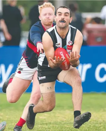  ?? ?? Clockwise from above: North Geelong’s John Fazio, Zachary Baker and Cooper Vaughan in the thick of the action against Anakie. Pictures: David Smith