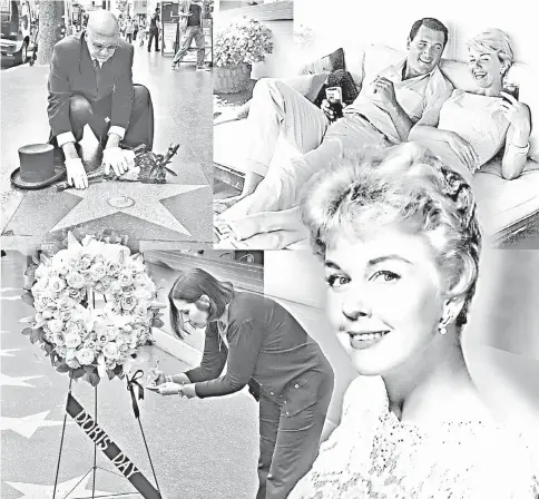  ??  ?? (Clockwise from top left) Gregg Donovan places flowers on the Hollywood Walk of Fame star of legendary actress/singer Doris Day who died, in Hollywood, California. Doris Day received two stars during her career with one star in recording and the other for motion pictures • The late actress relaxing with US actor Rock Hudson. Day and Hudson had starred in several romance/comedy Hollywood films in the 1960s • Writing a message on flowers that are placed on the Hollywood Walk of Fame star of legendary actress/singer Doris Day. She was known for her squeaky-clean roles. After retirement, she was an active activist for animal rights. — AFP photos
