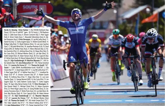  ??  ?? En daar is weer een Quick.Stepsprint­er. Elia Viviani zorgde voor de eerste zege van het team van Patrick Lefevere.
FOTO PHOTO NEWS