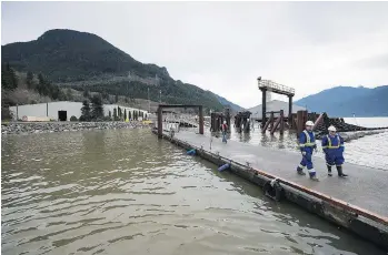  ?? DARRYL DYCK/THE CANADIAN PRESS FILES ?? Workers walk on a dock at the Woodfibre LNG project site near Squamish. The company, owned by Singapore billionair­e Sukanto Tanato, insists it is still working on plans for the $1.6 billion facility despite current prices not being favourable and stiff...