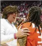  ?? AP ?? Miami coach Katie Meier reacts with Destiny Harden after the No. 9-seeded Hurricanes defeated
No. 1 seed Indiana on Monday in Bloomingto­n, Ind.