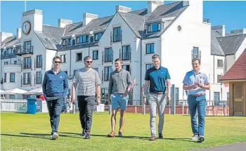  ?? ?? FAIRWAY TO GO: From left are Carnoustie Golf Links chief executive Mike Wells; Dr Ashley Williams, Jonny Glen and Dr Graeme Sorbie, all Abertay University; and Keir Mcnicoll, PGA head profession­al at Carnoustie Golf Links. Picture by Kim Cessford.