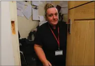  ??  ?? Maggie shows damage to her office and a footprint on the door at Cardonald Nursery