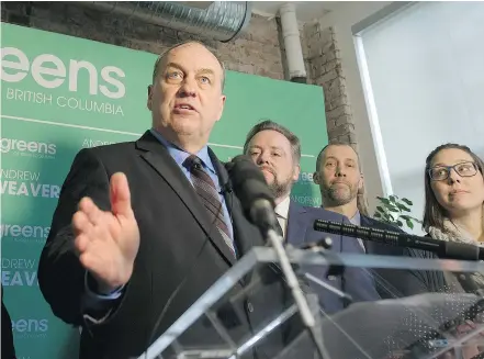  ?? MARK VAN MANEN/PNG FILES ?? B.C. Greens leader Andrew Weaver says that party would add three- and four-year-old preschoole­rs to the province’s education system, along with introducin­g free daycare and a $500 per month tax credit to a parent that stays home with a child younger...