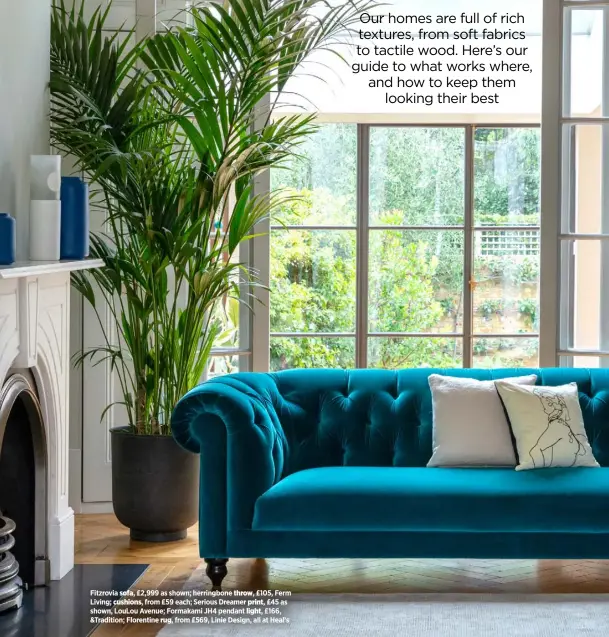  ??  ?? Fitzrovia sofa, £2,999 as shown; herringbon­e throw, £105, Ferm Living; cushions, from £59 each; Serious Dreamer print, £45 as shown, Loulou Avenue; Formakami JH4 pendant light, £166, &Tradition; Florentine rug, from £569, Linie Design, all at Heal’s